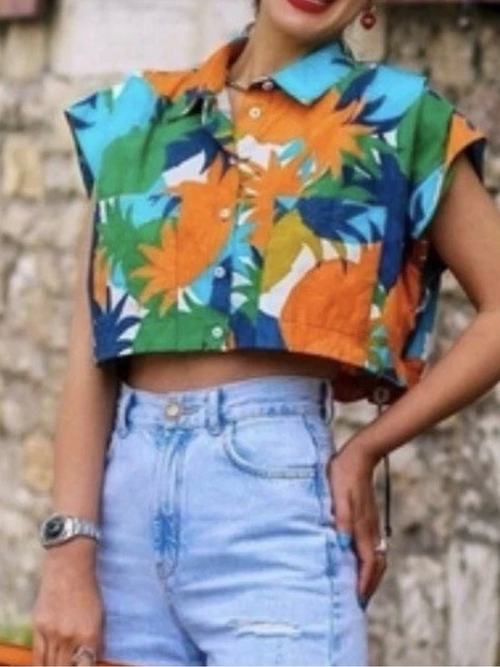 Zara Tops - Zara Tropical Cropped Button-Up Top — Orange, Blue & Green